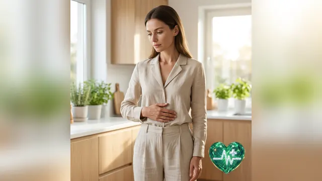 A woman with her hand on her stomach in a bright kitchen, illustrating the symptoms of fatty liver and visceral fat