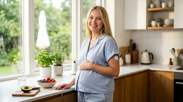 Smiling pregnant woman in a sunny kitchen wearing a glucose sensor on her arm, with a bowl of berries and an avocado