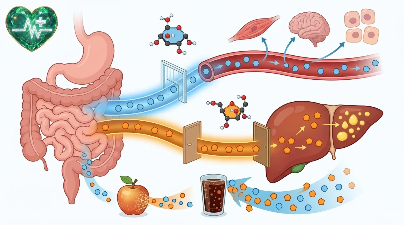 De weg van glucose naar de cellen van het lichaam tegenover de weg van fructose naar de lever, waar het overschot in vet wordt omgezet