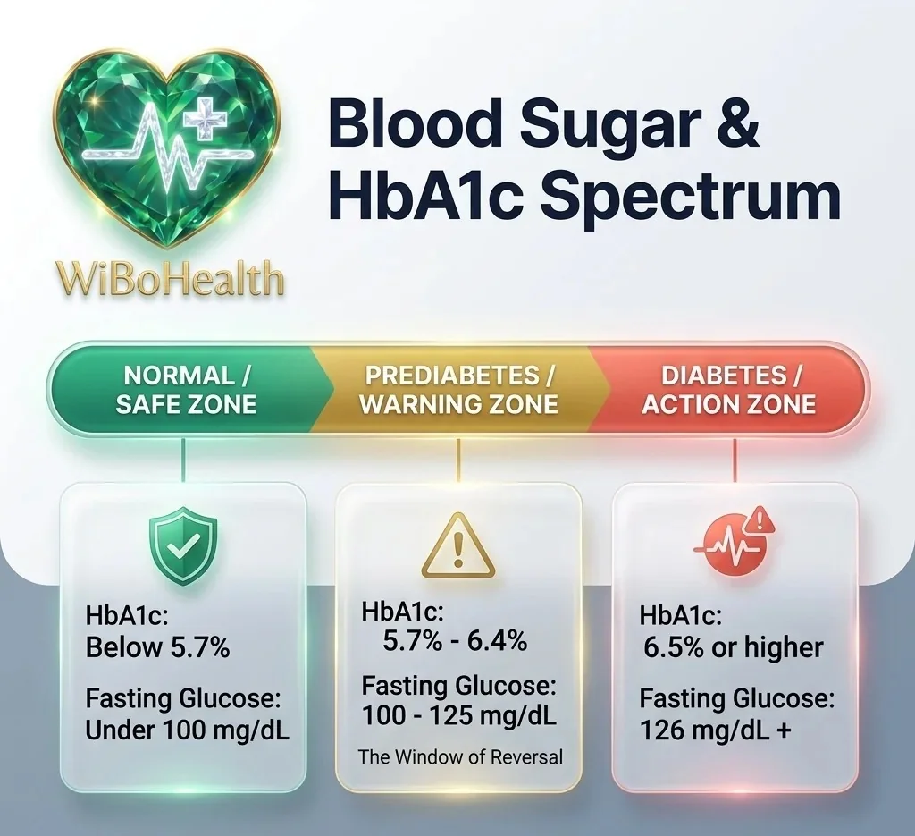 Colour-coded chart of HbA1c and fasting glucose ranges, including prediabetes - WiBo Health