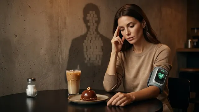 Worried woman checking her blood pressure with an upper-arm monitor, next to a salt shaker, a sweetened iced coffee and a chocolate dessert, with a shadow made of sugar cubes behind her
