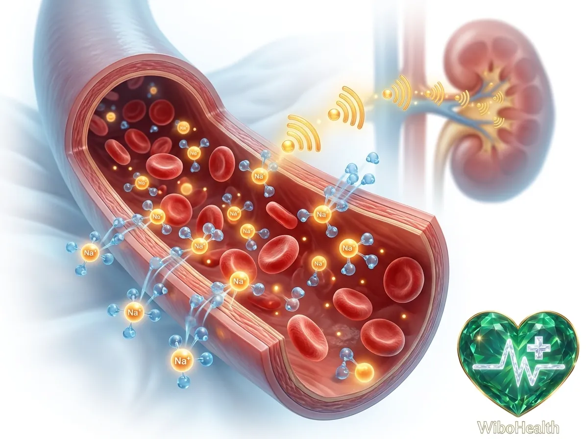 Illustration of a cross-section of a blood vessel full of red blood cells, sodium ions and water molecules, with signals reaching the kidney to retain sodium, increasing blood volume and pressure on the artery wall