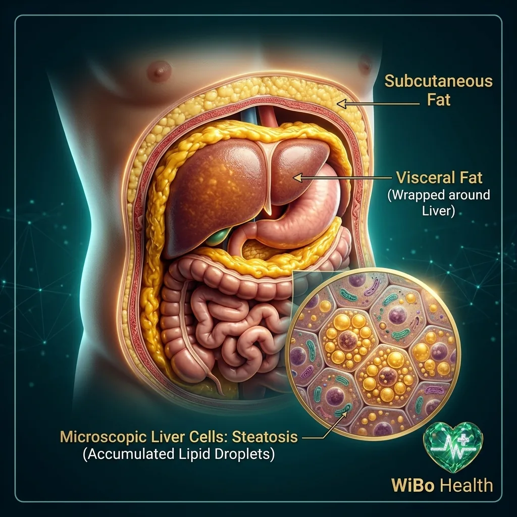 Anatomical illustration of subcutaneous fat and visceral fat around the liver and intestines, with liver cells filled with fat droplets